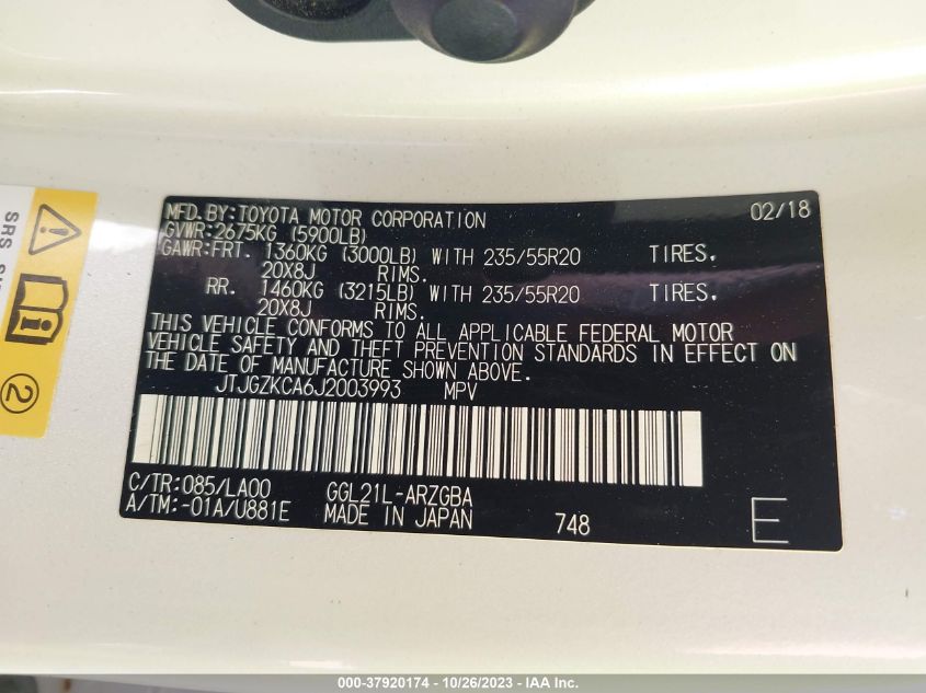 2018 Lexus Rx Rx 350L VIN: JTJGZKCA6J2003993 Lot: 37920174