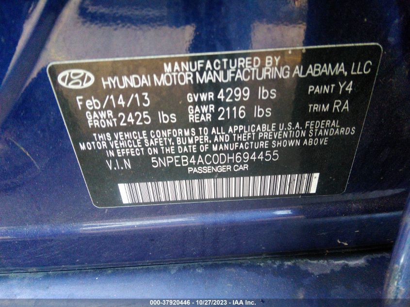 2013 Hyundai Sonata Gls Pzev VIN: 5NPEB4AC0DH694455 Lot: 37920446