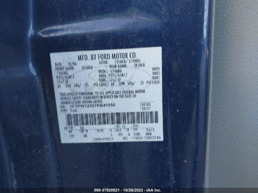 2007 Ford F-150 Xlt/Lariat/King Ranch/Fx2 VIN: 1FTPW12507KB41550 Lot: 37920521