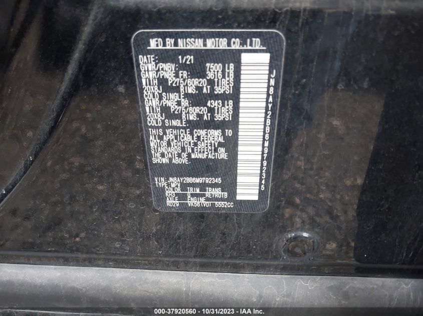 2021 Nissan Armada Sl 4Wd VIN: JN8AY2BB6M9792345 Lot: 37920560