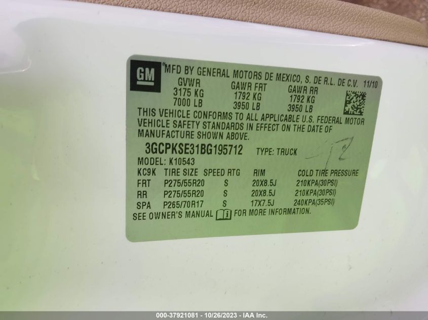 2011 Chevrolet Silverado 1500 Lt VIN: 3GCPKSE31BG195712 Lot: 37921081