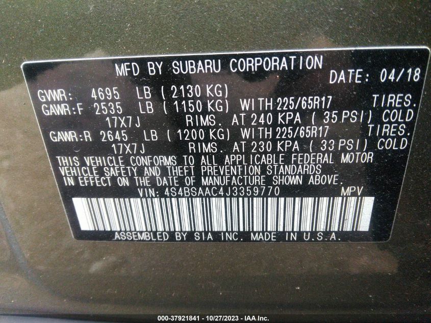 2018 Subaru Outback VIN: 4S4BSAAC4J3359770 Lot: 37921841