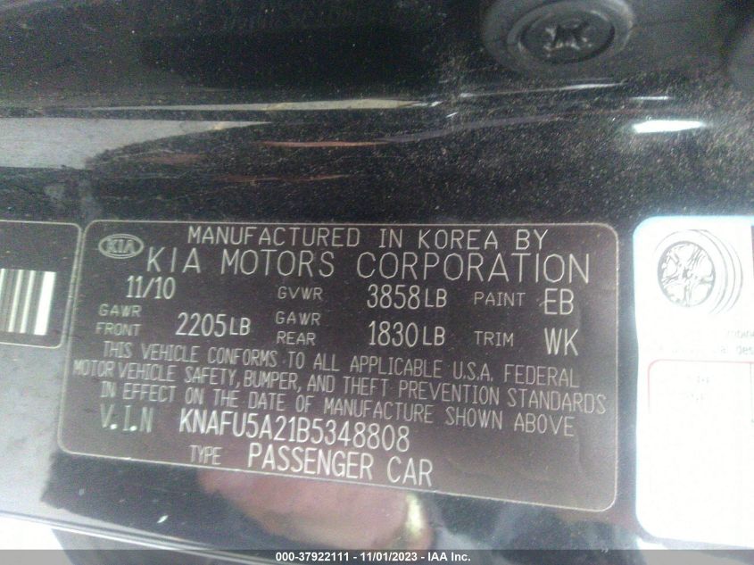 2011 Kia Forte 5-Door Ex VIN: KNAFU5A21B5348808 Lot: 37922111