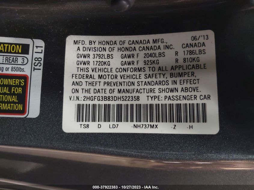 2013 Honda Civic Cpe Ex VIN: 2HGFG3B83DH522358 Lot: 37922383