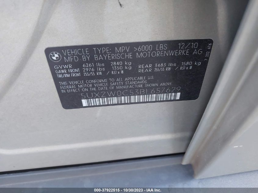 2011 BMW X5 35D VIN: 5UXZW0C53BL657629 Lot: 37922515