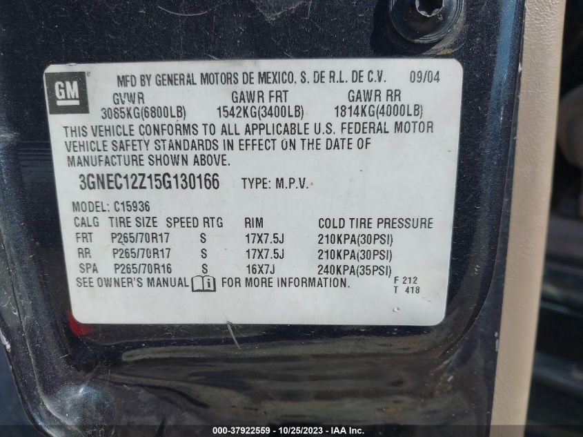 2005 Chevrolet Avalanche Z66 VIN: 3GNEC12Z15G130166 Lot: 37922559