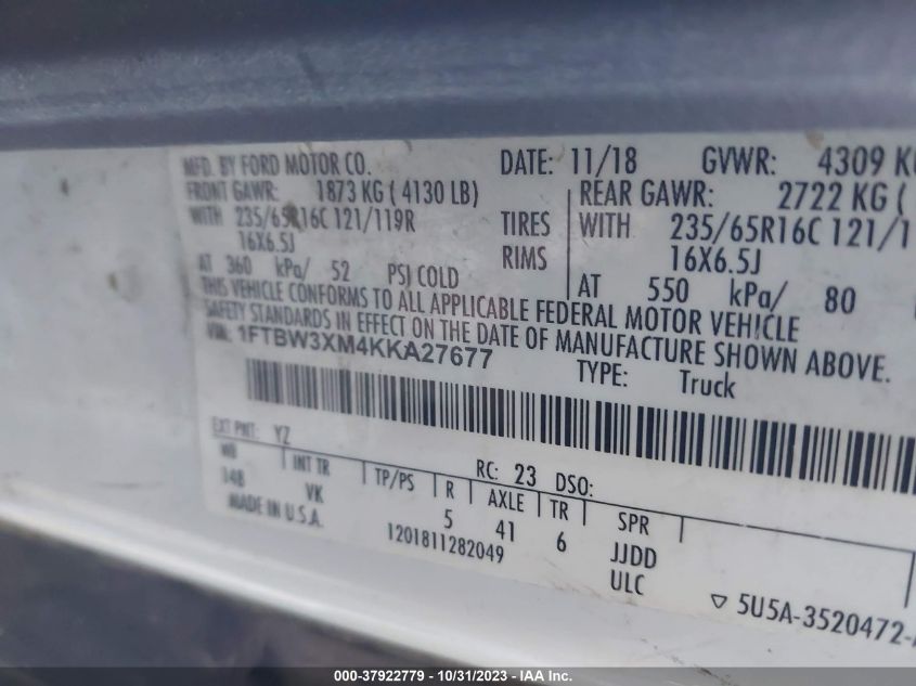 2019 Ford Transit-350 VIN: 1FTBW3XM4KKA27677 Lot: 37922779