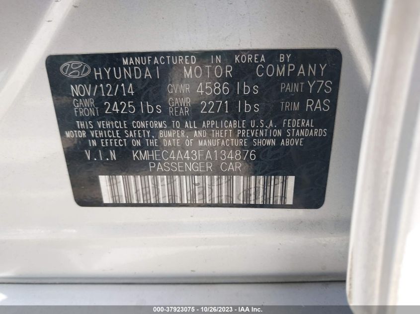 2015 Hyundai Sonata Hybrid VIN: KMHEC4A43FA134876 Lot: 37923075