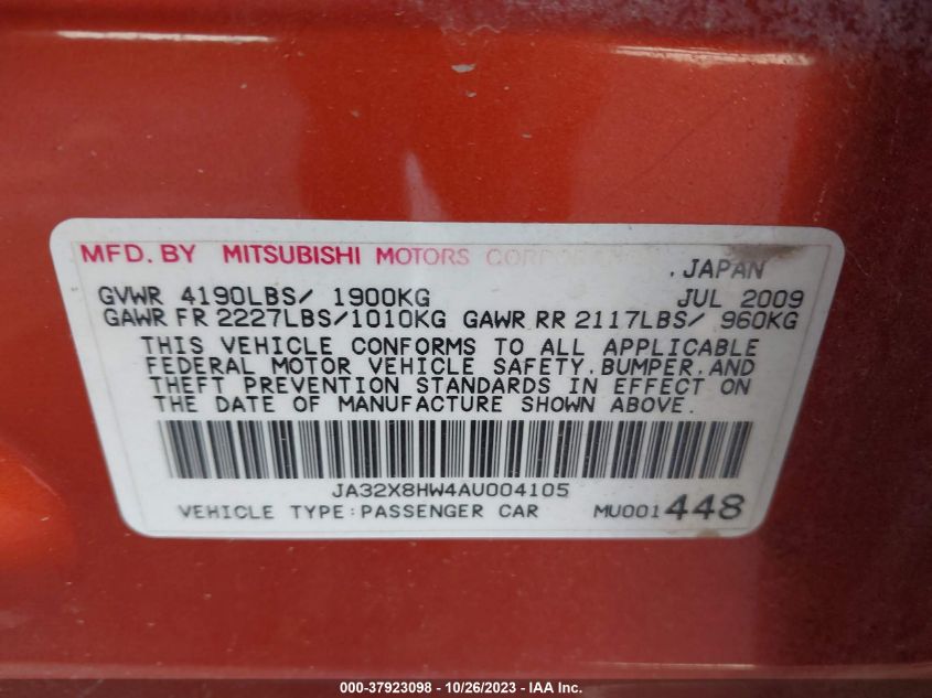 2010 Mitsubishi Lancer Gts VIN: JA32X8HW4AU004105 Lot: 37923098