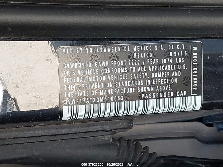 2016 Volkswagen Beetle Coupe 1.8T Wolfsburg Edition VIN: 3VWF17ATXGM610663 Lot: 37923200