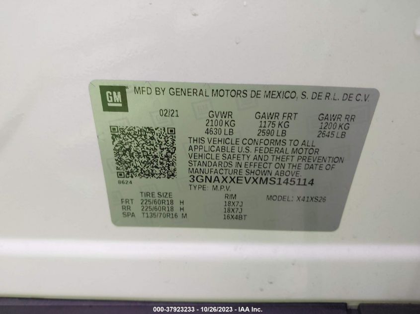 2021 Chevrolet Equinox Premier VIN: 3GNAXXEVXMS145114 Lot: 37923233