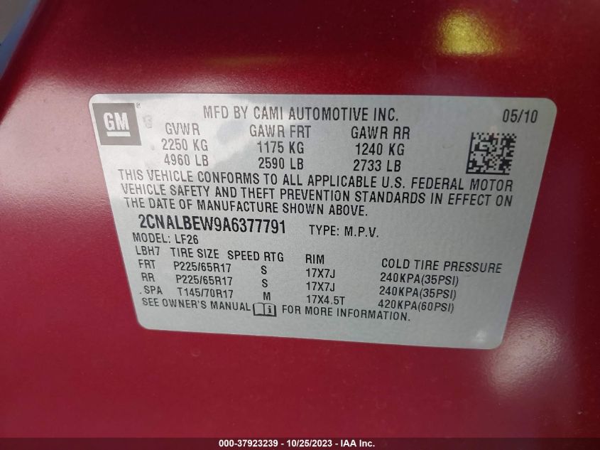 2CNALBEW9A6377791 2010 Chevrolet Equinox Ls