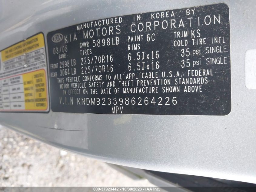 2008 Kia Sedona Lx VIN: KNDMB233986264226 Lot: 37923442