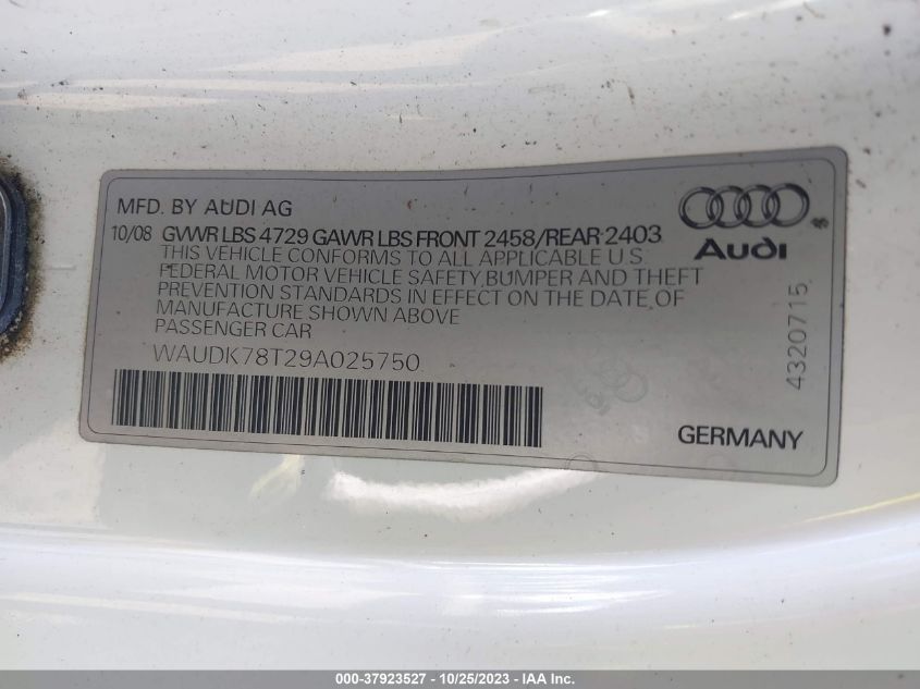 2009 Audi A5 VIN: WAUDK78T29A025750 Lot: 37923527