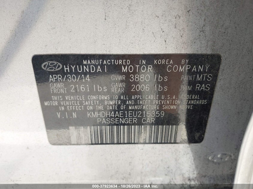 2014 Hyundai Elantra Se VIN: KMHDH4AE1EU215359 Lot: 37923634
