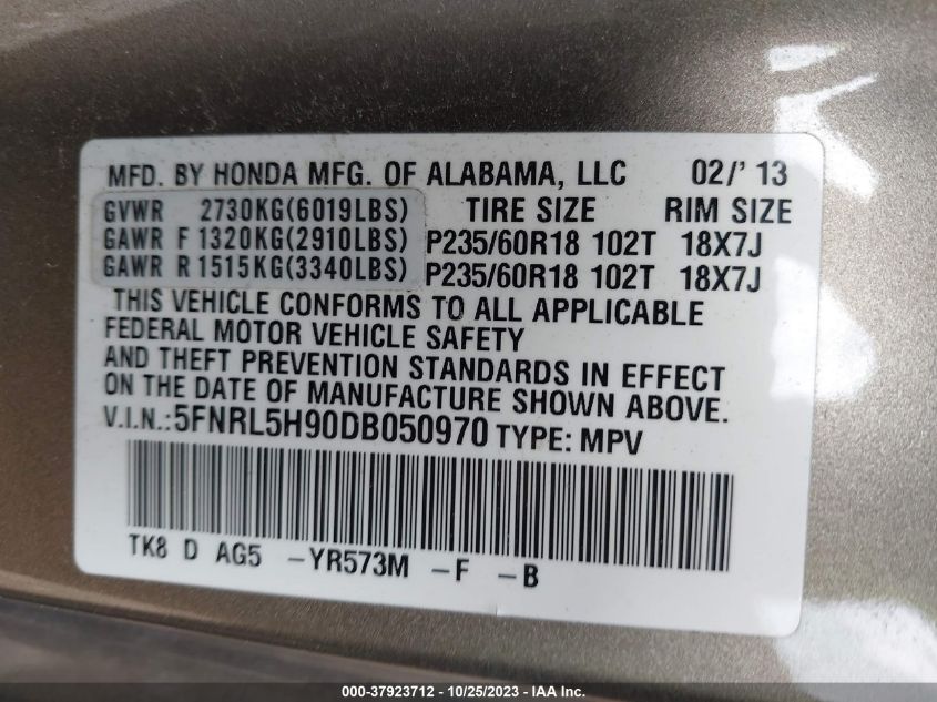 2013 Honda Odyssey Touring VIN: 5FNRL5H90DB050970 Lot: 37923712