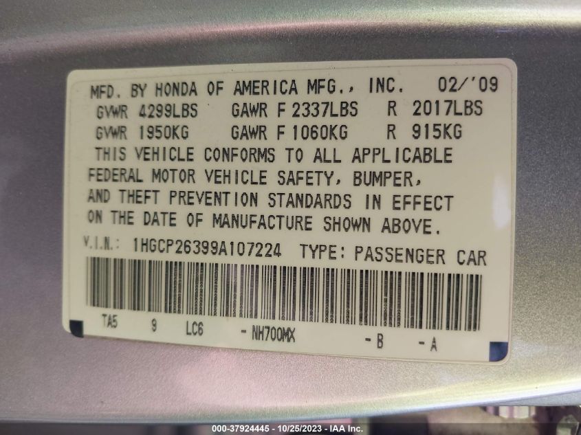 2009 Honda Accord Sdn Lx VIN: 1HGCP26399A107224 Lot: 37924445