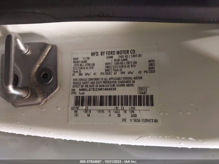 2021 Ford Transit Connect Van Xl VIN: NM0LS7E23M1494930 Lot: 37924687