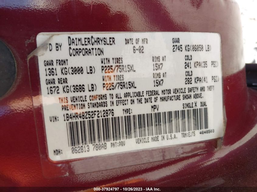 2002 Dodge Durango Slt VIN: 1B4HR48Z52F212876 Lot: 37924797