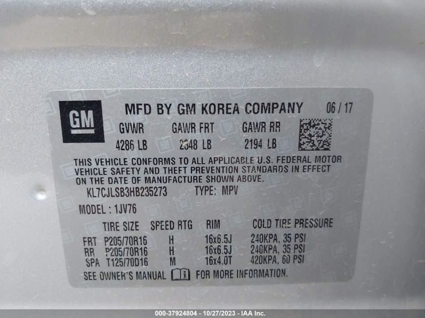 2017 Chevrolet Trax Lt VIN: KL7CJLSB3HB235273 Lot: 37924804