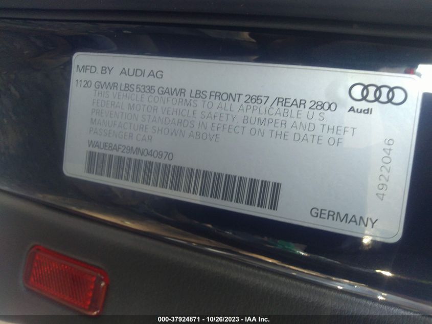 2021 Audi A6 Premium Plus VIN: WAUE8AF29MN040970 Lot: 37924871