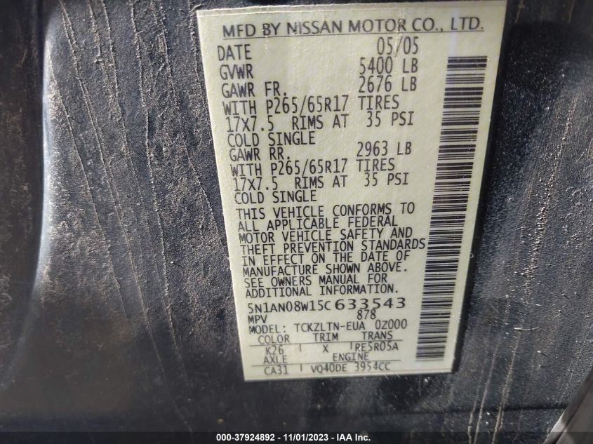 2005 Nissan Xterra Se VIN: 5N1AN08W15C633543 Lot: 37924892