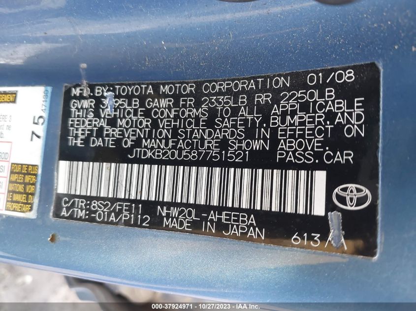 2008 Toyota Prius Base (Cvt-E) VIN: JTDKB20U587751521 Lot: 37924971