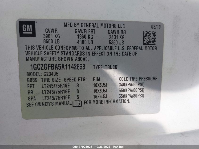 2010 Chevrolet Express Cargo Van VIN: 1GCZGFBA5A1142853 Lot: 37925025