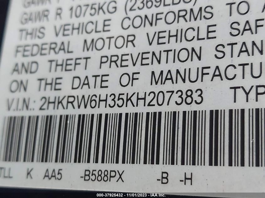 2019 Honda Cr-V Lx VIN: 2HKRW6H35KH207383 Lot: 37925432