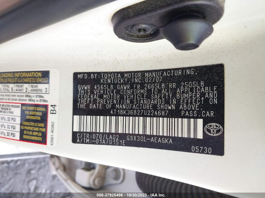 2007 Toyota Avalon Xl/Touring/Xls/Limited VIN: 4T1BK36B27U224687 Lot: 37925486