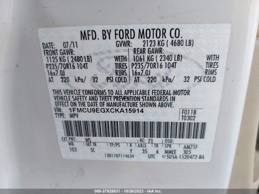 1FMCU9EGXCKA15914 2012 Ford Escape Limited