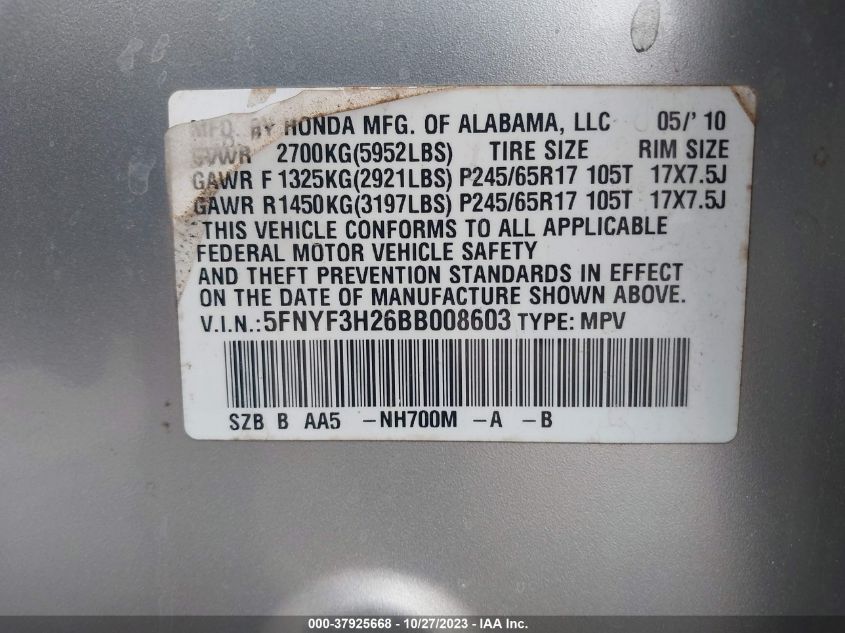 5FNYF3H26BB008603 2011 Honda Pilot Lx