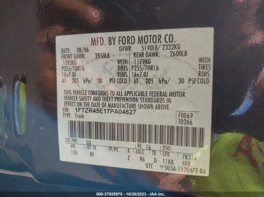 2007 Ford Ranger Xlt VIN: 1FTZR45E17PA04827 Lot: 37925975