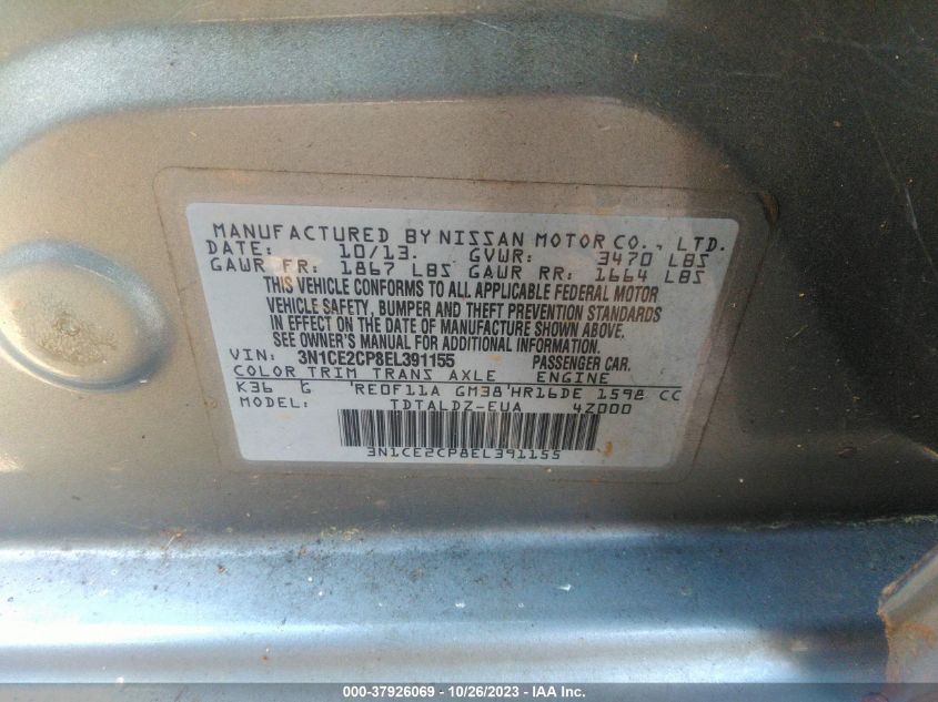 2014 Nissan Versa Note Sv VIN: 3N1CE2CP8EL391155 Lot: 37926069