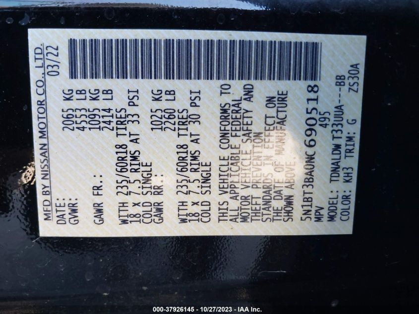 5N1BT3BA0NC690518 2022 Nissan Rogue Sv