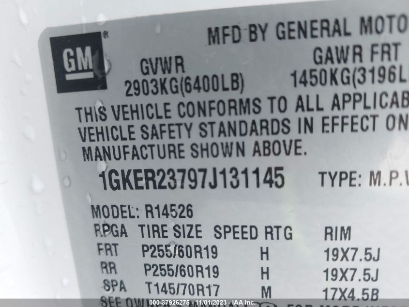 2007 GMC Acadia Slt VIN: 1GKER23797J131145 Lot: 37926275