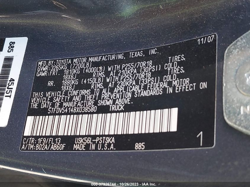 2008 Toyota Tundra 4Wd Truck VIN: 5TFDV54148X038580 Lot: 37926744