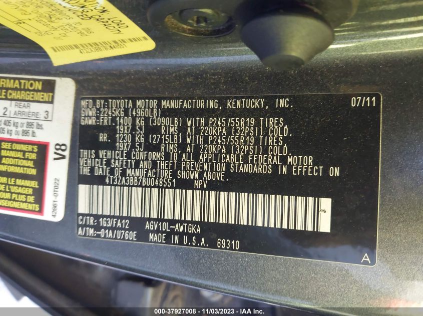 2011 Toyota Venza VIN: 4T3ZA3BB7BU048551 Lot: 37927008