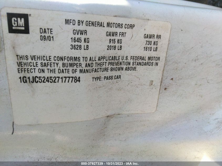 2002 Chevrolet Cavalier VIN: 1G1JC524527177784 Lot: 37927339