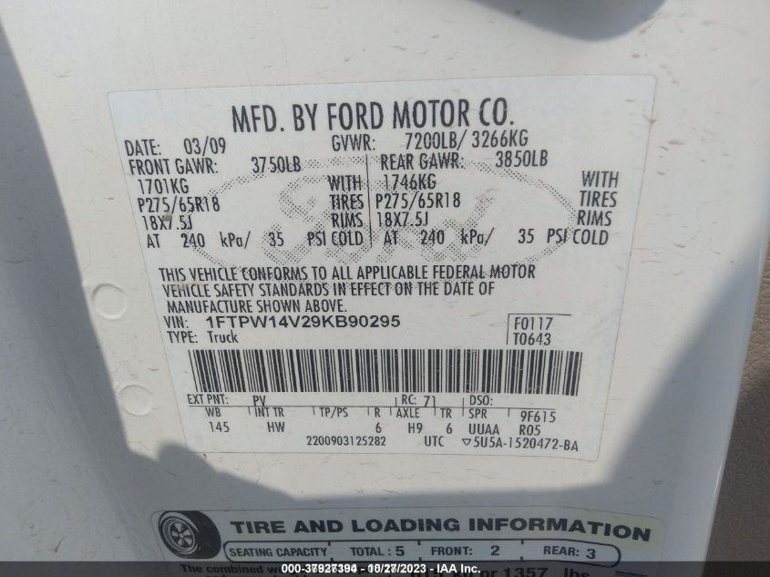 2009 Ford F-150 Fx4/Lariat/Xl/Xlt VIN: 1FTPW14V29KB90295 Lot: 37927394