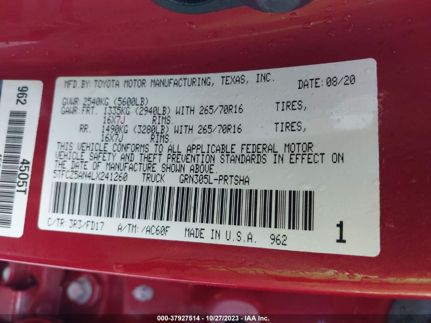 5TFCZ5AN4LX241260 2020 Toyota Tacoma Trd Off-Road