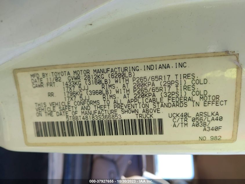 2003 Toyota Tundra Ltd VIN: 5TBBT48183S366853 Lot: 37927655