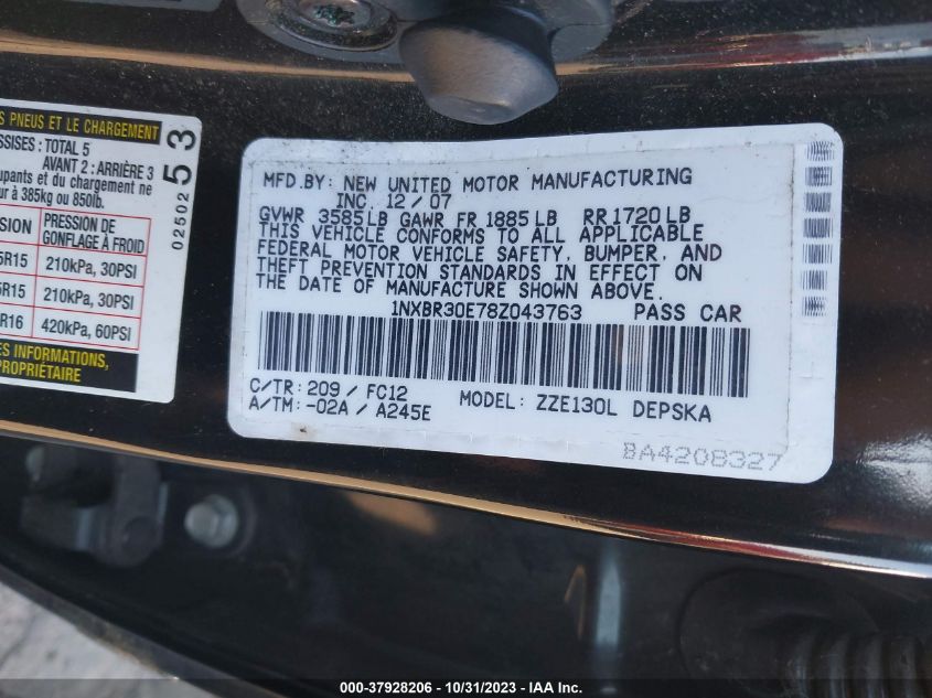 2008 Toyota Corolla Ce/S/Le VIN: 1NXBR30E78Z043763 Lot: 37928206