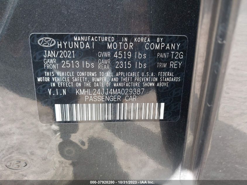 2021 Hyundai Sonata Hybrid Blue VIN: KMHL24JJ4MA029387 Lot: 37928280