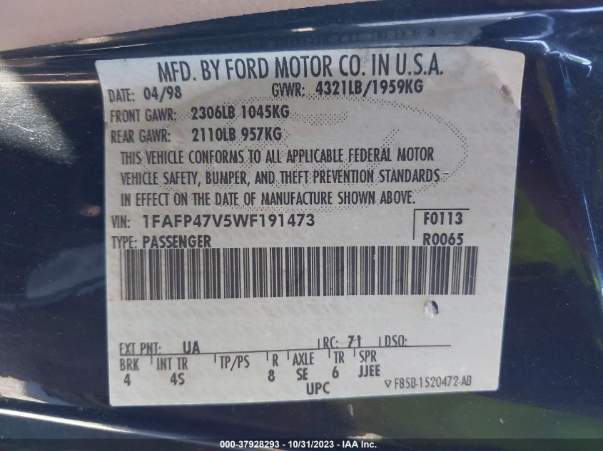 1998 Ford Mustang Svt Cobra VIN: 1FAFP47V5WF191473 Lot: 37928293