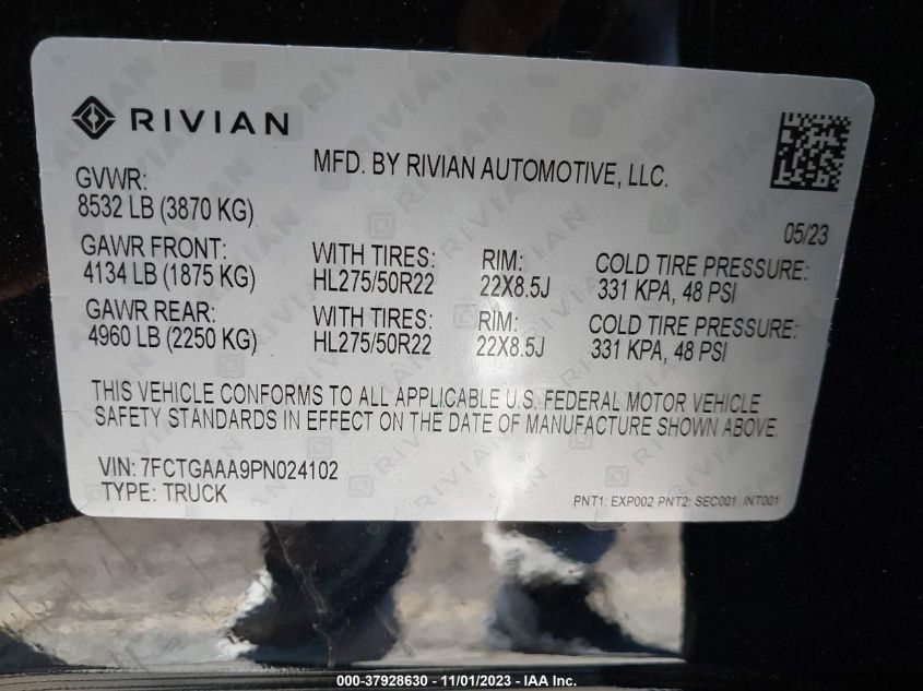 2023 Rivian R1T Adventure VIN: 7FCTGAAA9PN024102 Lot: 37928630