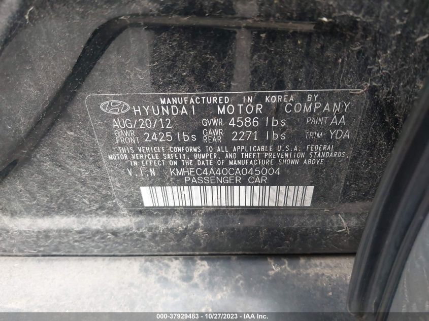 2012 Hyundai Sonata Hybrid VIN: KMHEC4A40CA045004 Lot: 37929483