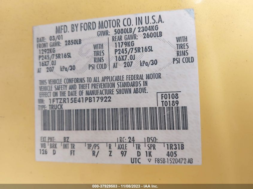 1FTZR15E41PB17922 2001 Ford Ranger Xlt/Xlt Off-Rd/Xlt Off-Rd W/391A/Xlt Off-Rd W/394A/Edge/Edge Plus/W/392A/W/393A