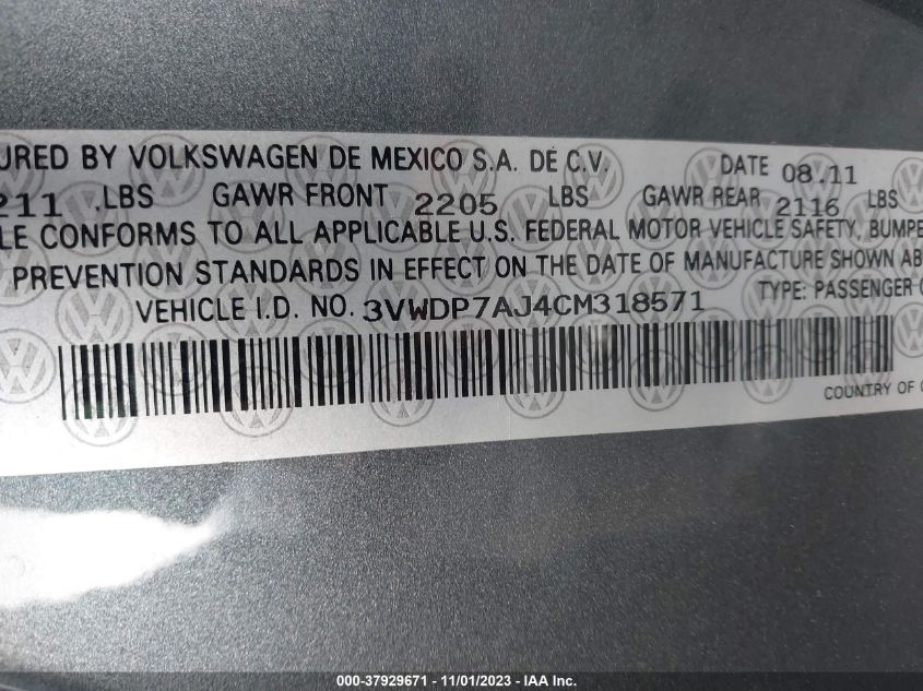 2012 Volkswagen Jetta Sedan Se W VIN: 3VWDP7AJ4CM318571 Lot: 37929671