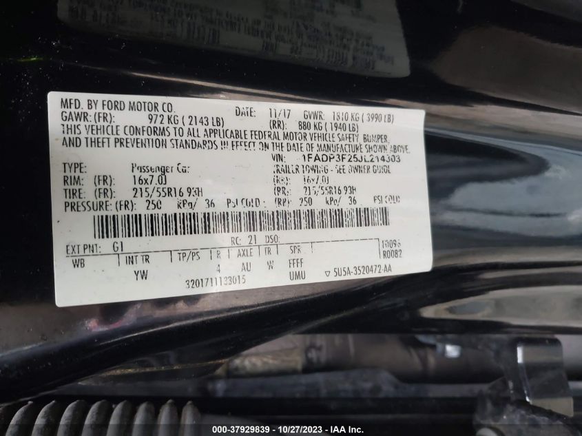 1FADP3F25JL214303 2018 Ford Focus Se